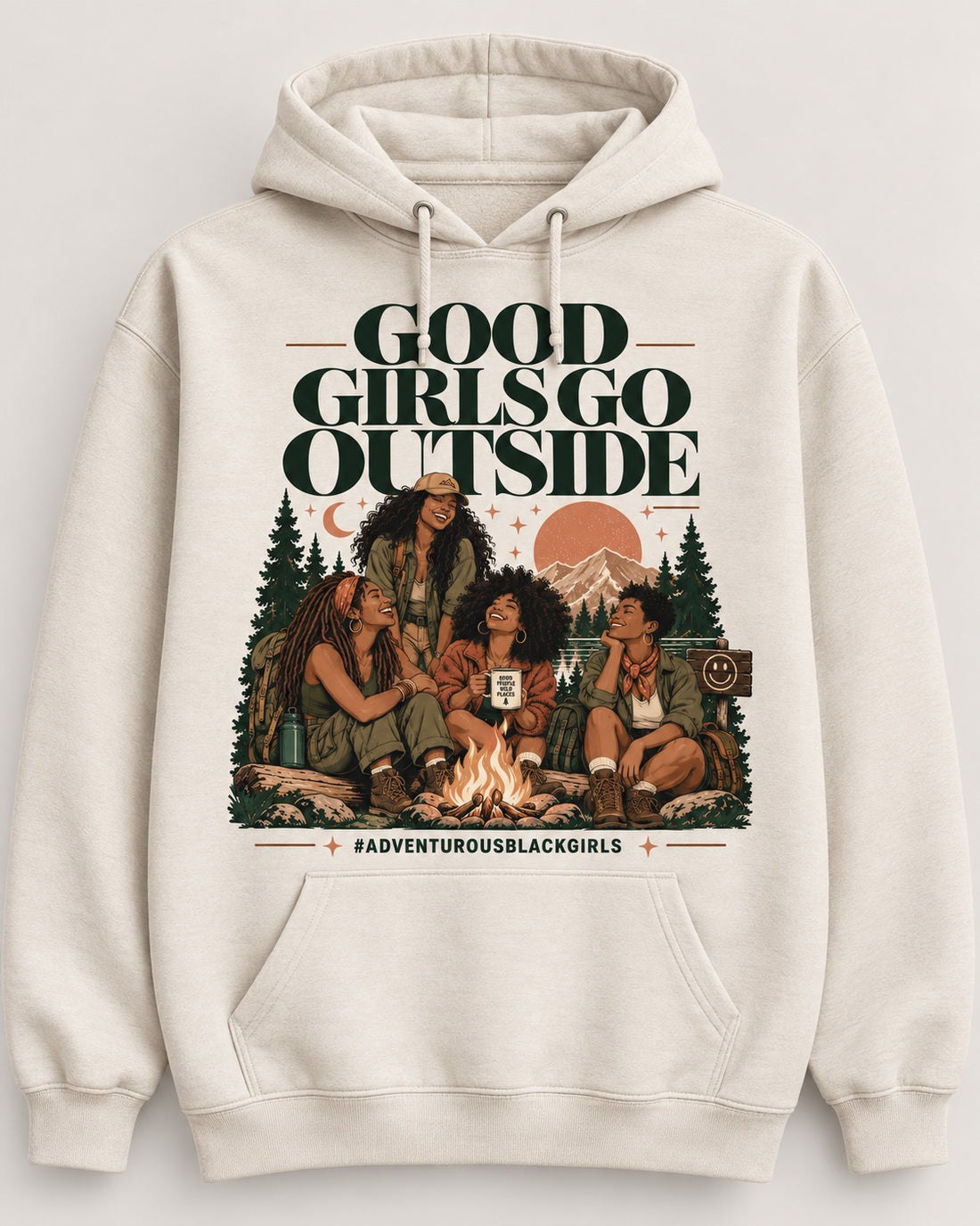 Good Girls Go Outside graphic hoodie featuring Black women around a campfire