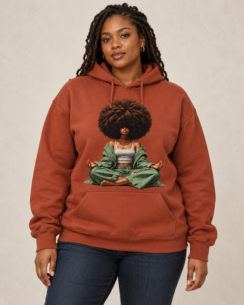 Digital model mockup of Afro & Inner Peace Graphic Hoodie worn by a Black woman