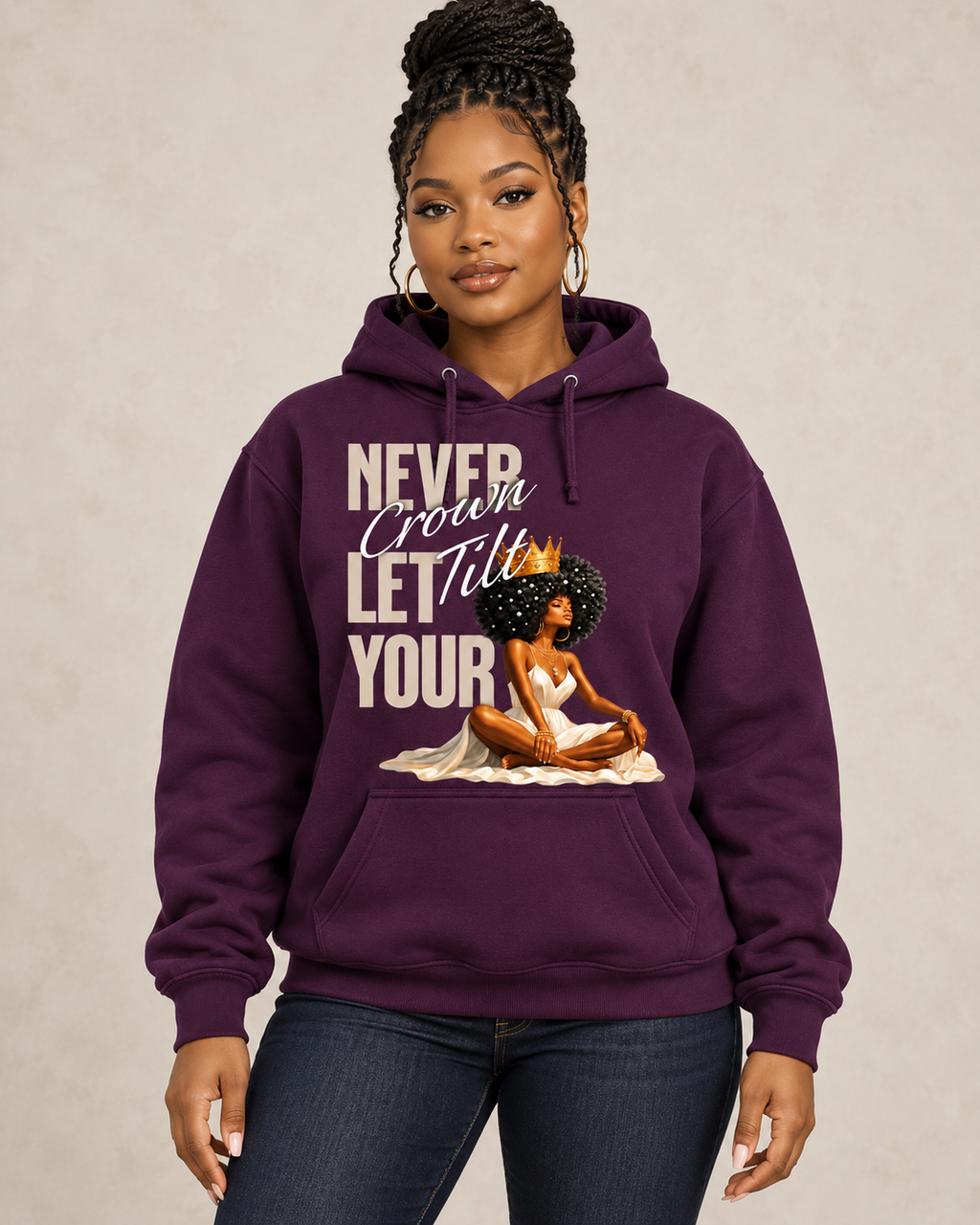 Digital model mockup of Crown & Confidence Graphic Hoodie worn by a Black woman