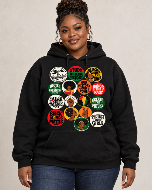 Digital model mockup of Black Culture & Girl Magic Graphic Hoodie worn by a Black woman