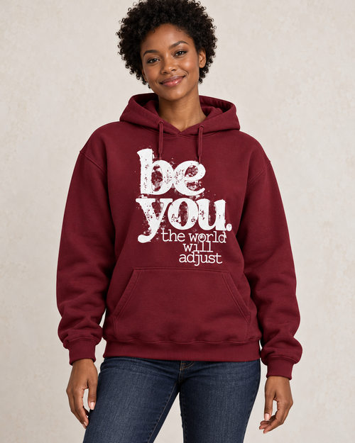 Digital model mockup of Be You, the World Will Adjust Hoodie worn by a Black woman