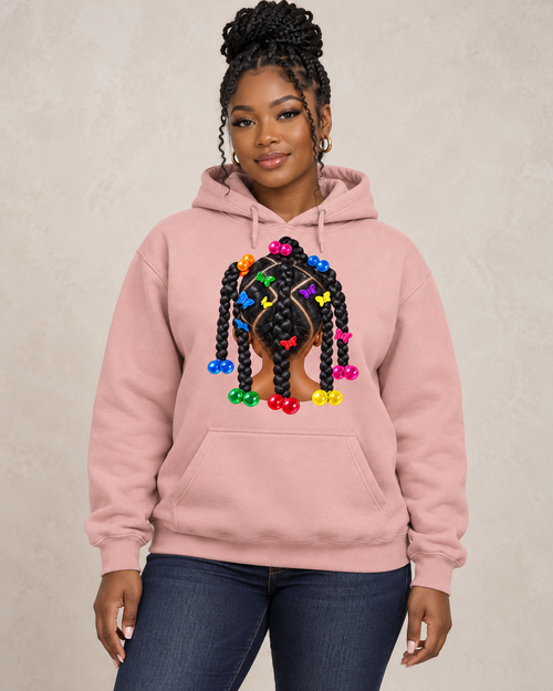 Digital model mockup of Ballies & Butterflies Graphic Hoodie worn by a Black woman