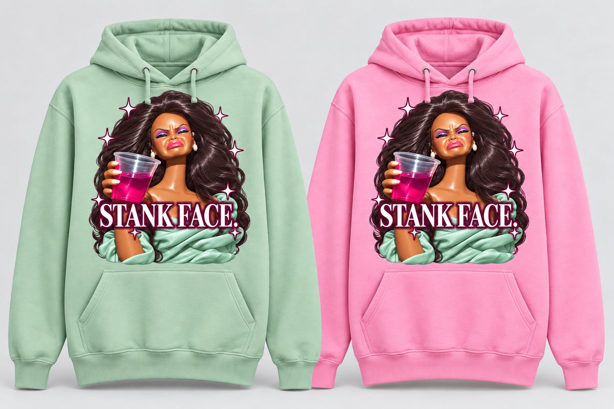 Stank Face Graphic Hoodie in sage green and pink