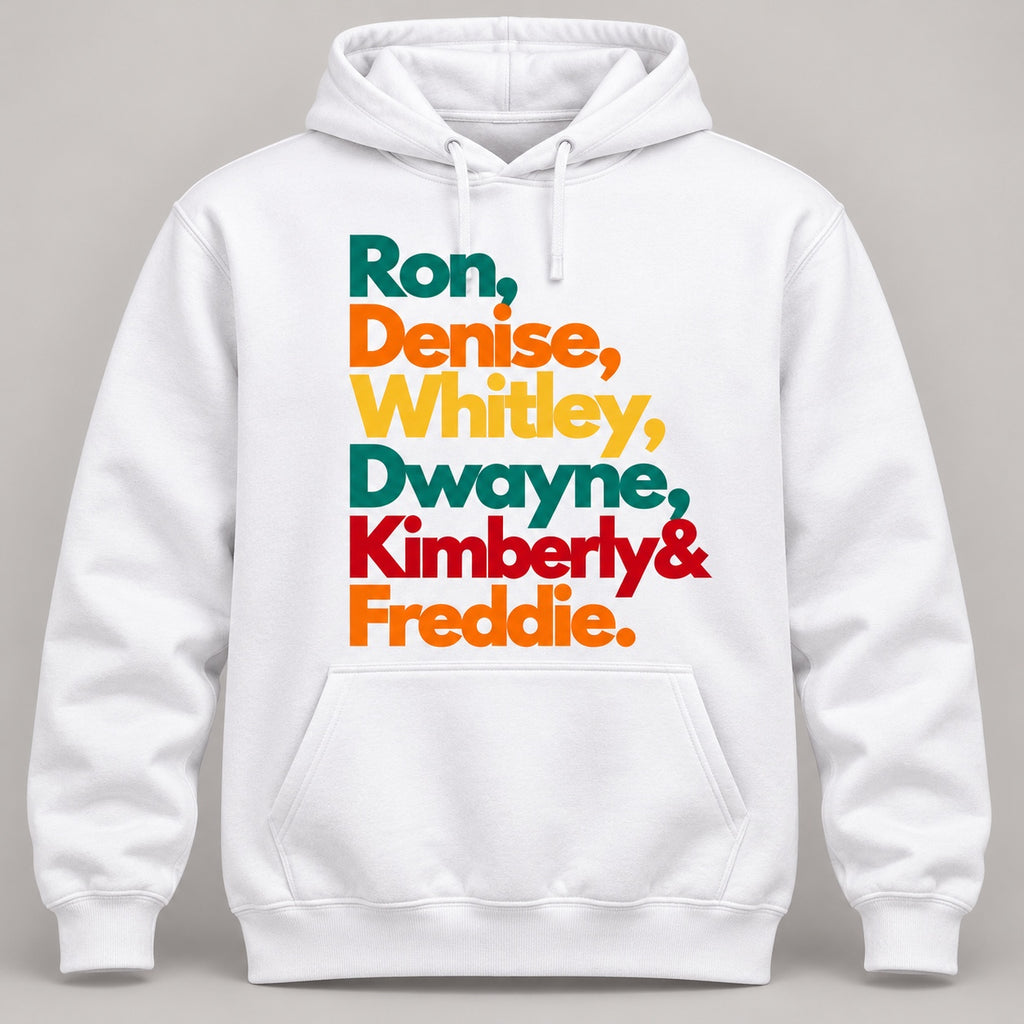 Ron, Denise & Friends Graphic Hoodie in White, front hoodie digital mockup