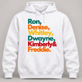 Ron, Denise & Friends Graphic Hoodie in White, front hoodie digital mockup