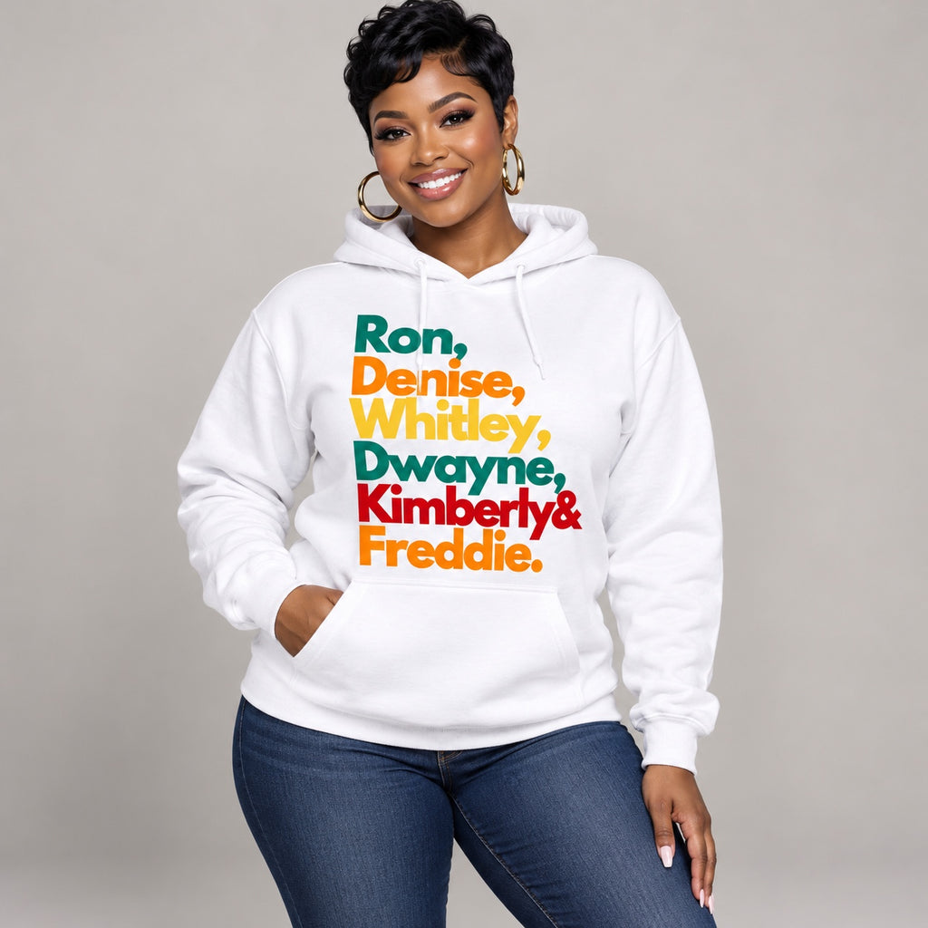Ron, Denise & Friends Graphic Hoodie in White, model digital mockup