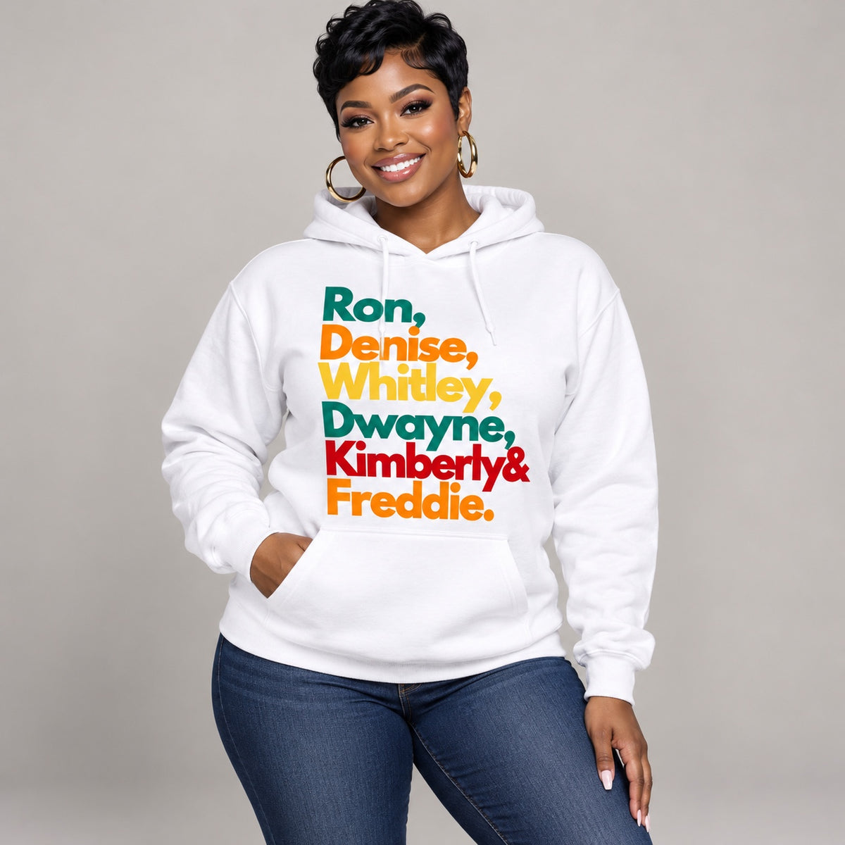 Ron, Denise & Friends Graphic Hoodie in White, model digital mockup
