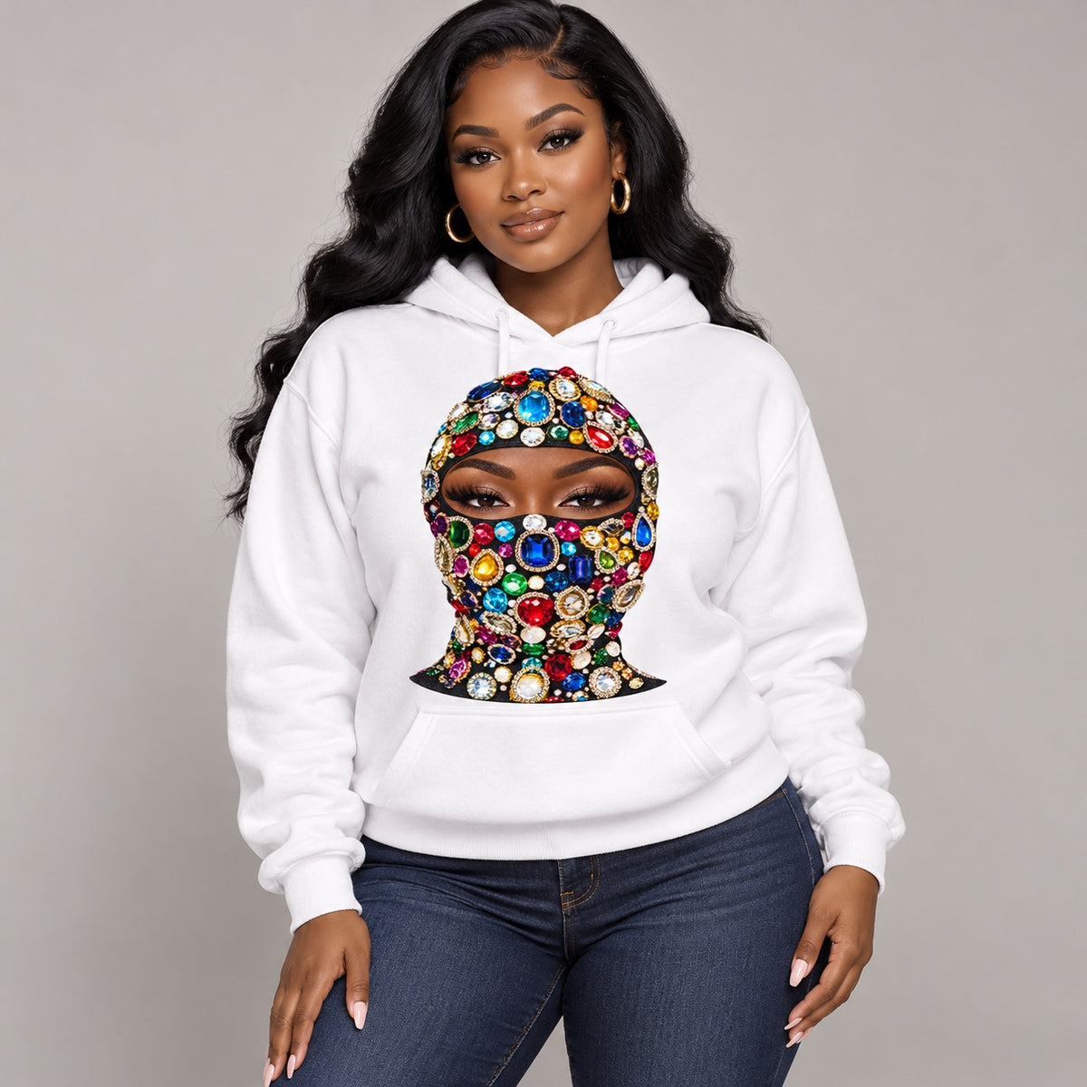 Jeweled Balaclava Graphic Hoodie in White, model digital mockup