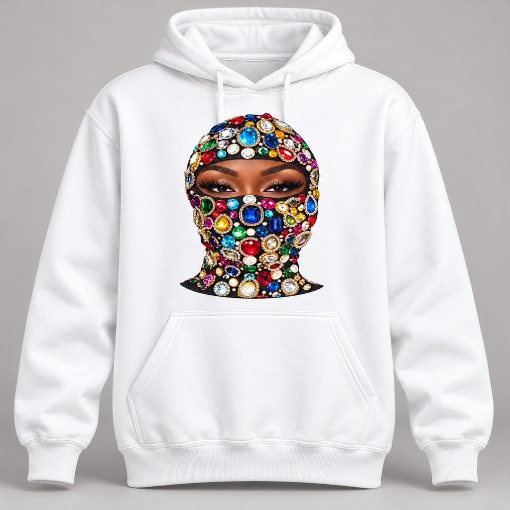 White Jeweled Balaclava graphic hoodie, front digital mockup