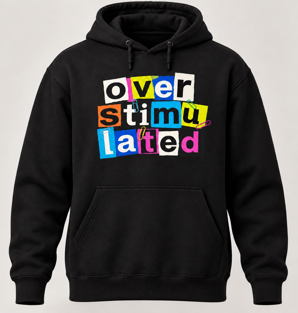 Overstimulated Graphic Hoodie in Black, front hoodie digital mockup