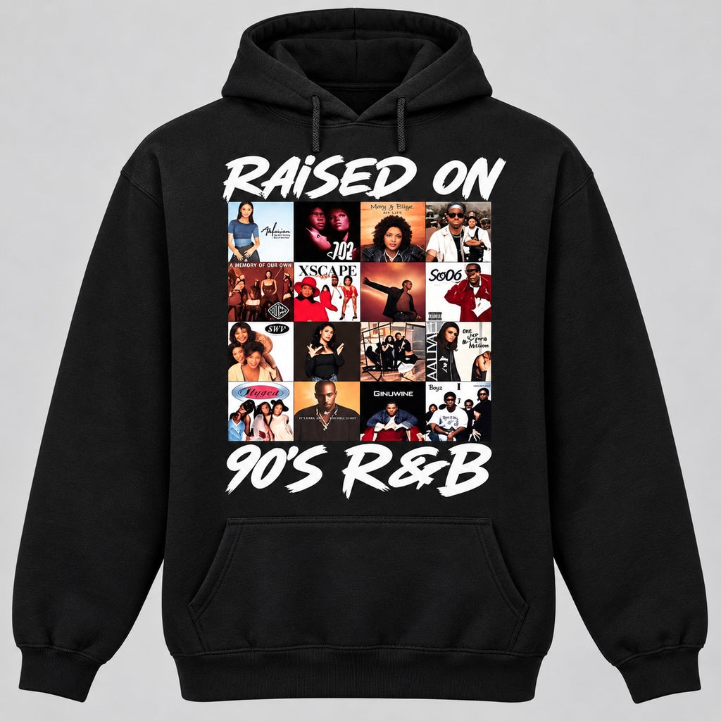 Raised on 90’s R&B Graphic Hoodie in Black, hoodie digital mockup
