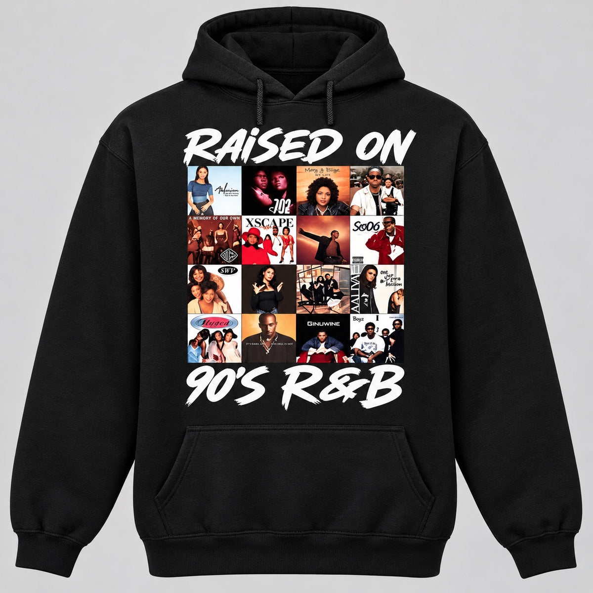 Raised on 90’s R&B Graphic Hoodie in Black, hoodie digital mockup