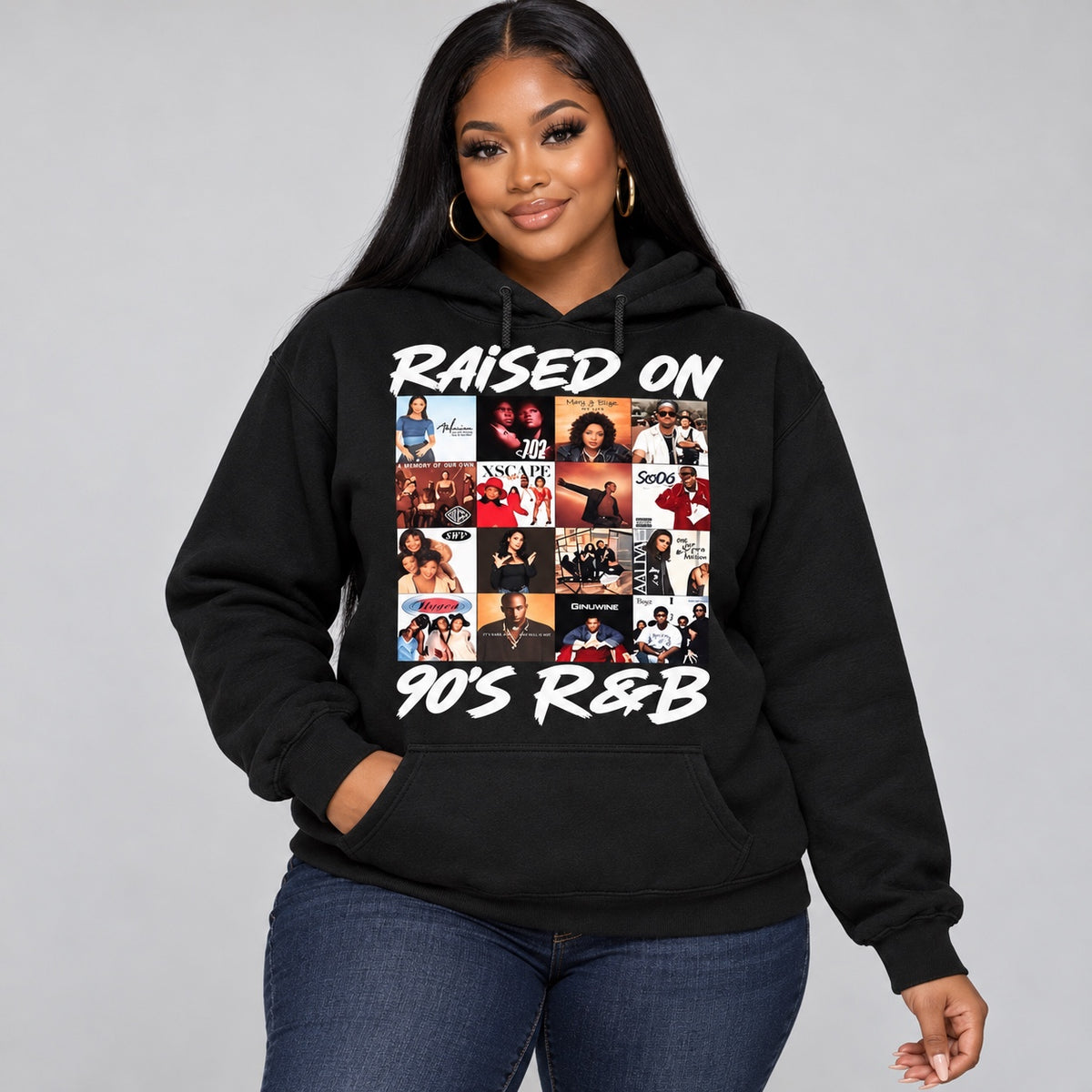 Raised on 90’s R&B Graphic Hoodie in Black, model digital mockup